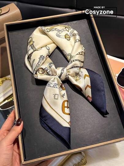 1条优雅链条印花70厘米丝滑小方巾，女士时尚多功能头巾，可作腰带、包包装饰围巾、颈巾、发饰，适合日常佩戴