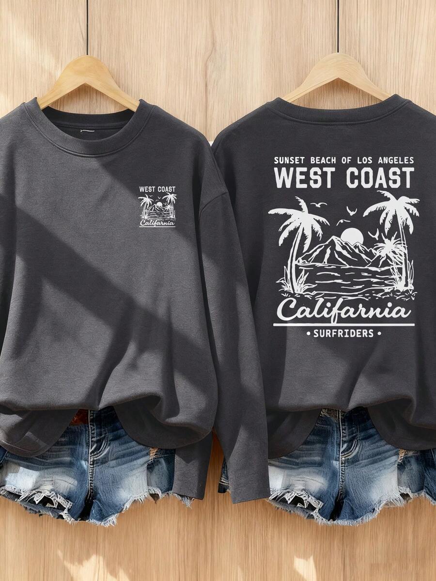 1pc Girls Casual Coconut Tree Graphic Print Crew Neck Long Sleeve T-Shirt, Autumn/Winter Student Young Clothing - Dark Grey - View 1