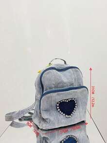 New Fashionable Light Blue Heart-Shaped Denim Backpack,Valentine's Day Gift,Small Backpack With Rhinestones And Small Hearts, Retro Preppy Style, Mini Perfume Backpack. - Blue - View 8
