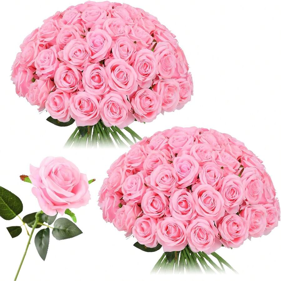 Nejlue Artificial Flowers/Plants1111 Home & Living 5支仿真粉色玫瑰花，粉色玫瑰花束，丝绸长茎玫瑰，新娘花束，情人节花束，适用于家居装饰、房间装饰、花园装饰、墙面装饰、室内外装饰、卧室装饰、婚礼装饰、餐桌装饰、圣诞节装饰、派对装饰、生日装饰、秋季装饰 - 粉色 - 查看 1