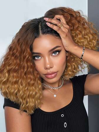 Bob Deep Wave Layered Bob Wig 14 Inch Middle Part Curly Wavy Shoulder Length Wavy Wig Synthetic Curly Bob Wavy Wig Ginger Orange Omber/Black Omber/Brown Omber Heat Resistant Synthetic Wigs For Black White Women Daily Use Cosplay Or Party