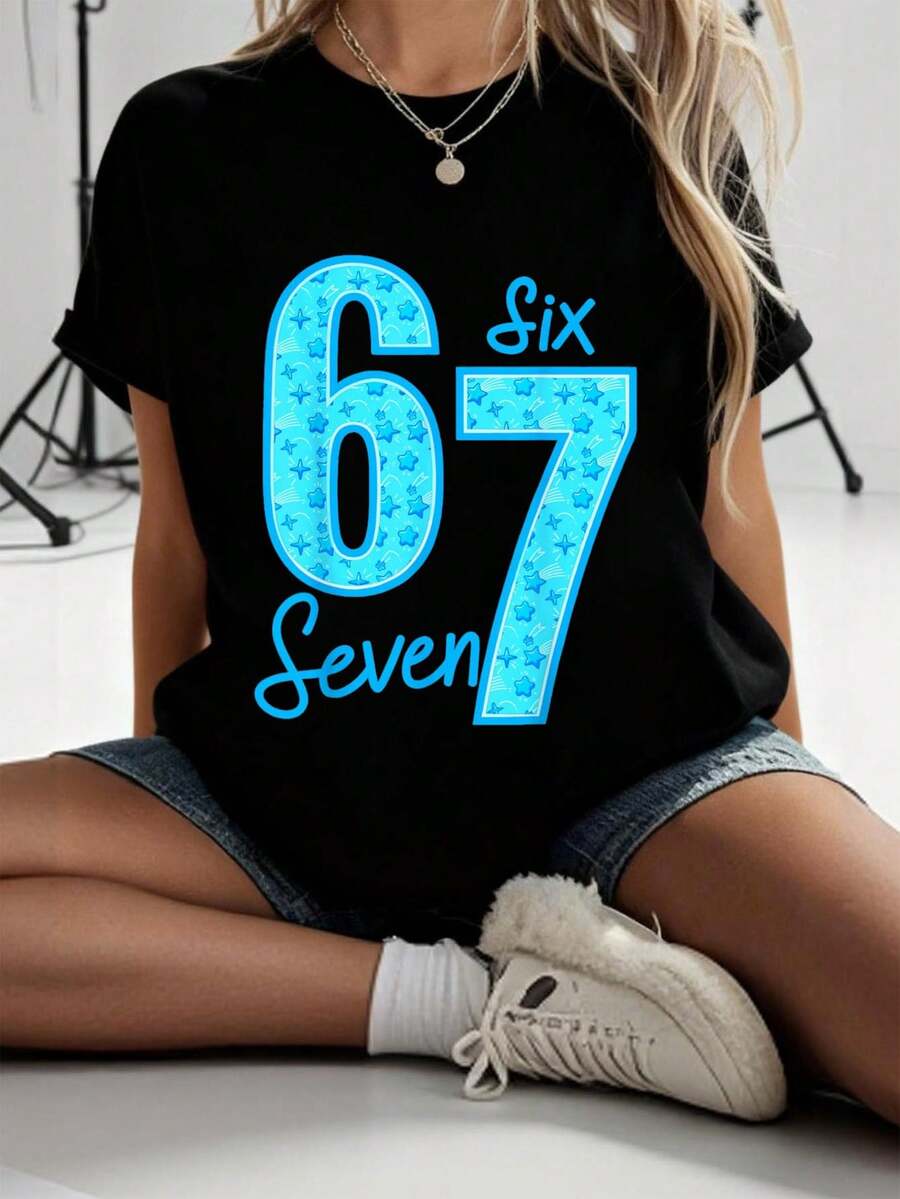 Camiseta azul 67 con divertido, camisetas gráficas para mujeres, tops cortos, conjuntos de verano para mujeres, tops de verano, camiseta - Negro - Ver 1