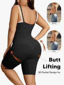 Macacão justo feminino de cor sólida com decote redondo, controle de barriga e efeito levanta bumbum. - Preto - Ver 2