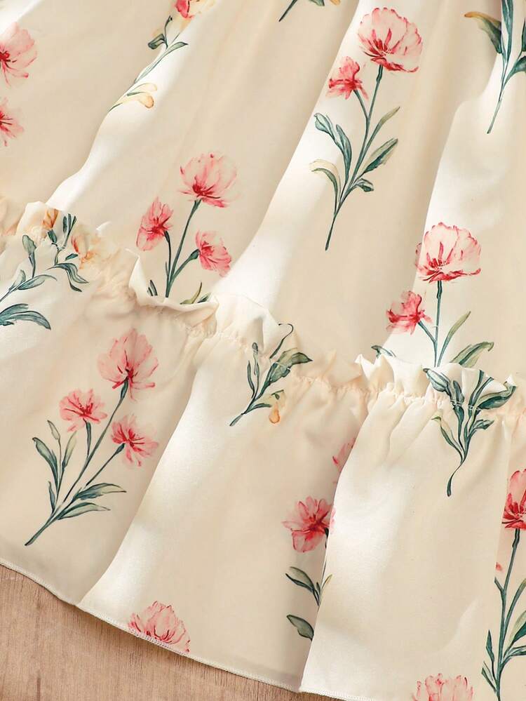 Novo Vestido Regata Verão para Meninas, Vestido Evasê com Babados Florais Doces na Cintura, Vestido Princesa Estilo Pastoril Cor Damasco, Confortável e Respirável, Adequado para Meninas Maiores - Champanhe - Visão 6