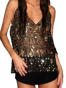 Camiseta de tirantes de mujer con lentejuelas para el verano, con bordado transparente de cuentas, cuello en V retro para discotecas, banquetes, vida nocturna, vacaciones, uso casual y fiestas de cumpleaños - Negro y oro - Ver 3