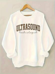 Women'S Ultrasound Technologist Text Hoodie - Soft Round-Neck Pullover Sweatshirt With Slogan Print, All-Season Comfort, Casual Workwear For Sonography Professionals, Long Sleeve Round-Neck Design, Ideal Gift For Ultrasound Techs, Hospital Attiregifts For Mom-Free Shipping - 白色 - 查看 1