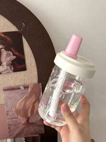 500毫升/700毫升容量粉色蝴蝶结装饰水瓶，仿珍珠奶茶风格夏日水杯，便携式超大吸管塑料杯，小众大容量，适合女生、学生