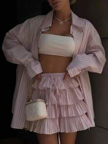 欧美风粉色条纹宽松长袖衬衫，休闲度假荷叶边半裙两件套，春夏款 - 粉色 - 查看 2