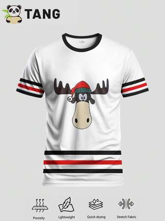 White Striped Cartoon Reindeer Graphic Men's Football/Soccer Sweatshirt Comfortable Round Neck Sports Top, Suitable For Football/Soccer Matches, Training, Casual Wear And Holidays Great Gift Idea