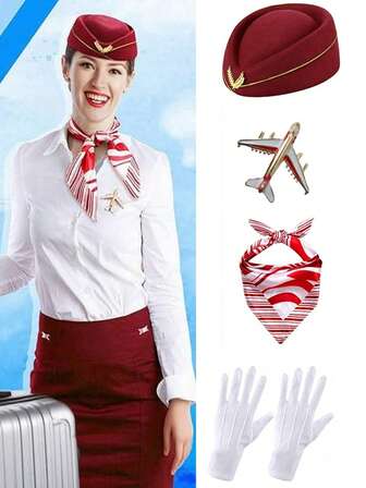 Conjunto de 4 piezas de disfraz de azafata - Incluye bufanda, sombrero, guantes, broche, adecuado para eventos con temática de aviación, accesorios de disfraz de azafata vintage, conjunto elegante de disfraz de azafata para fiestas de disfraces, reuniones de juego de roles, actuaciones en el escenario, atuendo para clima frío, regalo de San Valentín para mujeres