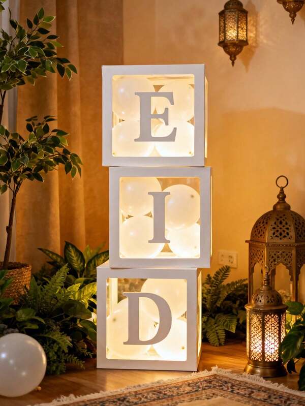 3pcs Transparent Balloon Box With "EID" Print, Includes 20pcs Mini Balloons, Suitable For Eid Celebration Decor, Party Backdrop, Home Wall Decoration, Eid, Birthday, Wedding, Baby Shower Parties (The Product Is A Balloon Box, Without Any Electrical Components. The Lighting Effect Shown In The Image Is Not Included With The Actual Product)