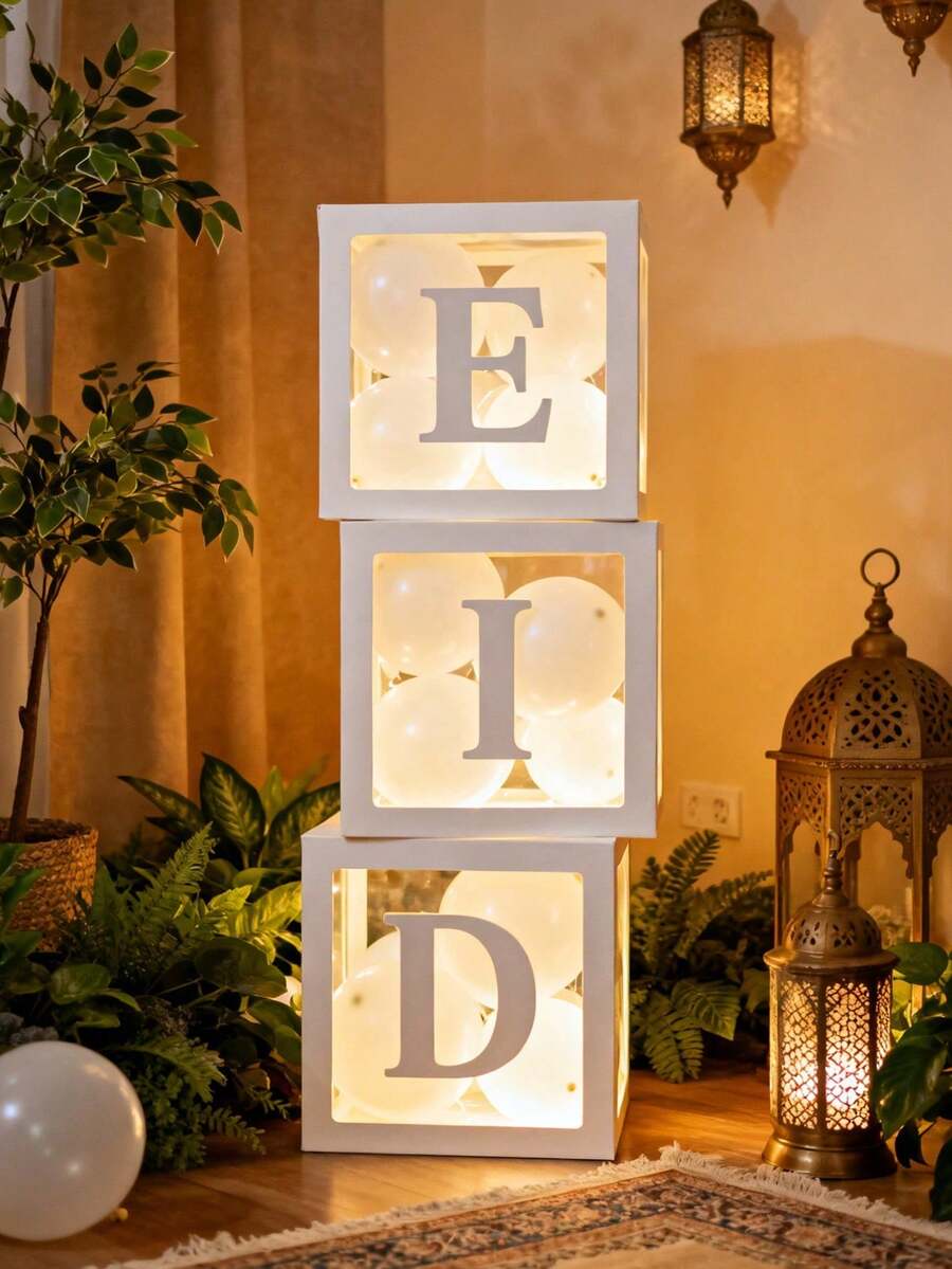 3个透明气球盒,印有“EID”字样,内含20个迷你气球,适用于开斋节庆祝装饰、派对背景、家居墙面装饰、开斋节、生日、婚礼、婴儿派对等场合。(本产品为气球盒,不含任何电子元件。图片中显示的灯光效果不包含在实际产品中。) - 彩色 - 查看 1