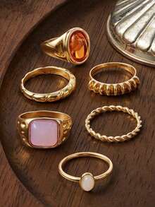 Glisma 6pcs/Set French Minimalist Personalized Design Metal Vintage Rings Set, Suitable For Parties, Gifts, Daily Wear (Includes Size Guide, Please Handle Carefully) - Gold - View 1