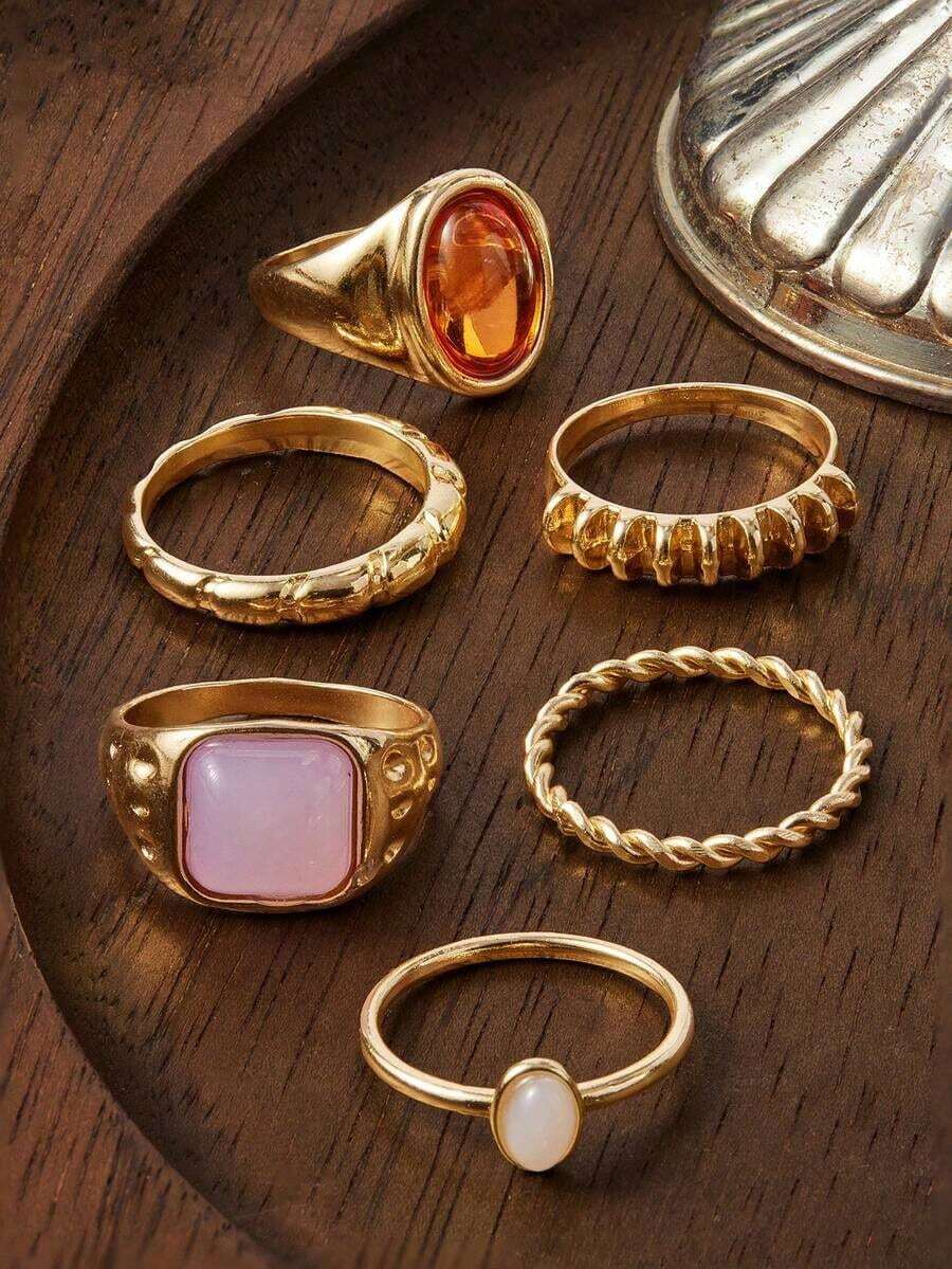 Glisma 6pcs/Set French Minimalist Personalized Design Metal Vintage Rings Set, Suitable For Parties, Gifts, Daily Wear (Includes Size Guide, Please Handle Carefully) - Gold - View 1