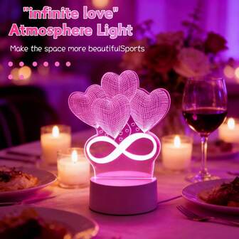 1個 3DロマンチックインフィニティーハートLEDナイトライト スイッチボタン付き、ホーム、寝室、書斎、結婚式、ダイニング、カフェ、バーの装飾に適し、雰囲気ランプ、彼氏/彼女への最高の贈り物
