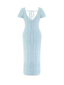 女士休闲优雅百搭纯色V领蕾丝边镂空细节针织套头衫，修身腰身，荷叶边袖口，宽松长款，度假必备上衣，春夏海滩风情 - 淺藍色 - 查看 9