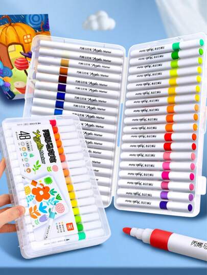 Estuche acrílico portátil Marcadores acrílicos - Aumenta el volumen de tinta, resistente al agua y de secado rápido, marcadores de punta suave resistentes al agua con estuche de almacenamiento acrílico, perfecto para diarios, decoración de pegatinas y manualidades DIY
