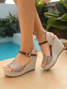 Women's Fashion Casual Wedge Sandals, Gold Ribbon Bohemian Woven Slides, Platform Thick Sole High Heel Shoes, Versatile Slip-On Commute & Party Footwear - Champagne - View 2