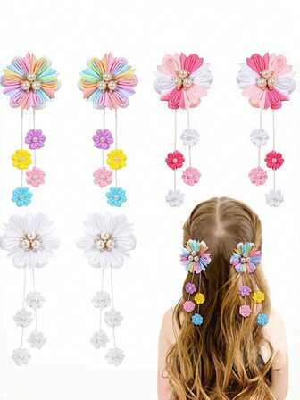 2pcs/Set Girls Bow Hair Accessories, Including Satin Bow Hair Clips And Faux Pearl Rhinestone Tassel Hair Clips, Suitable For Back To School Girls (Flower Bow), Fresh Summer Children Hair Clips