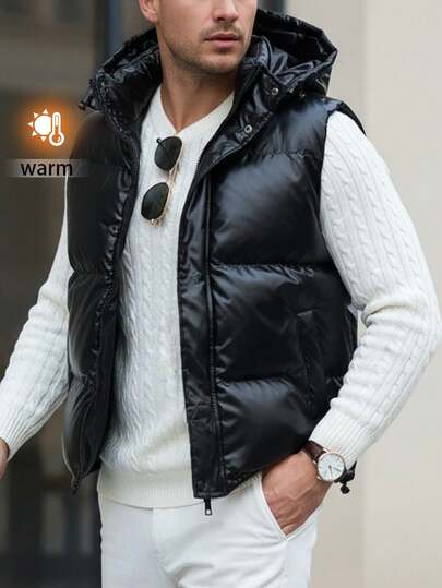 Veste sans manches matelassée polyvalente avec capuche amovible brillante pour hommes, pour l'automne/l'hiver