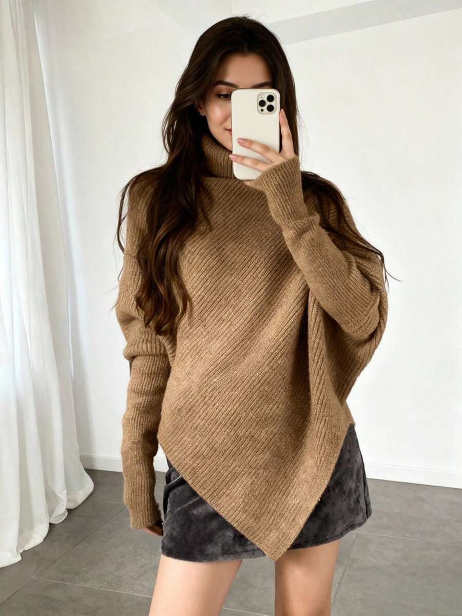 Top de punto de felpa de otoño e invierno con dobladillo irregular, para viajes de ocio diarios, suéter versátil de manga larga cálido de principios de otoño - Camel - Ver 1