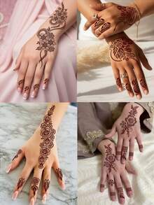 4张海娜临时纹身贴纸，防水海娜纹身，简约手部纹身，适用于女性化妆、婚礼、穆斯林服饰配饰、节日约会派对装饰 - 棕色 - 查看 2