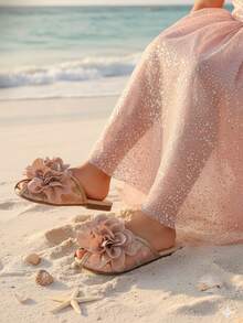 1 Pair Girls 3D Floral Decor Flat Sandals, Elegant Daily Casual & Formal Wear, Chiffon Flower & Mesh Embroidery, Cute & Easy Slip-On, Suitable For Girls & Kids Aged 2-15, Summer Outing, Beach, Autumn, Vacation, Party, Back To School, Holidays