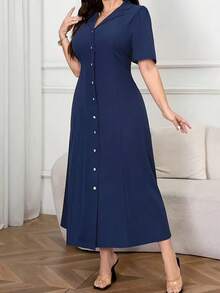 Plus Size Blue V-Neck Button Front A-Line Midi Dress, Woven Fabric, Flared Hem Shirtdress, For Women Spring - Royal Blue - View 1