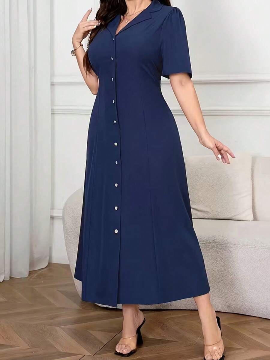 Plus Size Blue V-Neck Button Front A-Line Midi Dress, Woven Fabric, Flared Hem Shirtdress, For Women Spring - Royal Blue - View 1