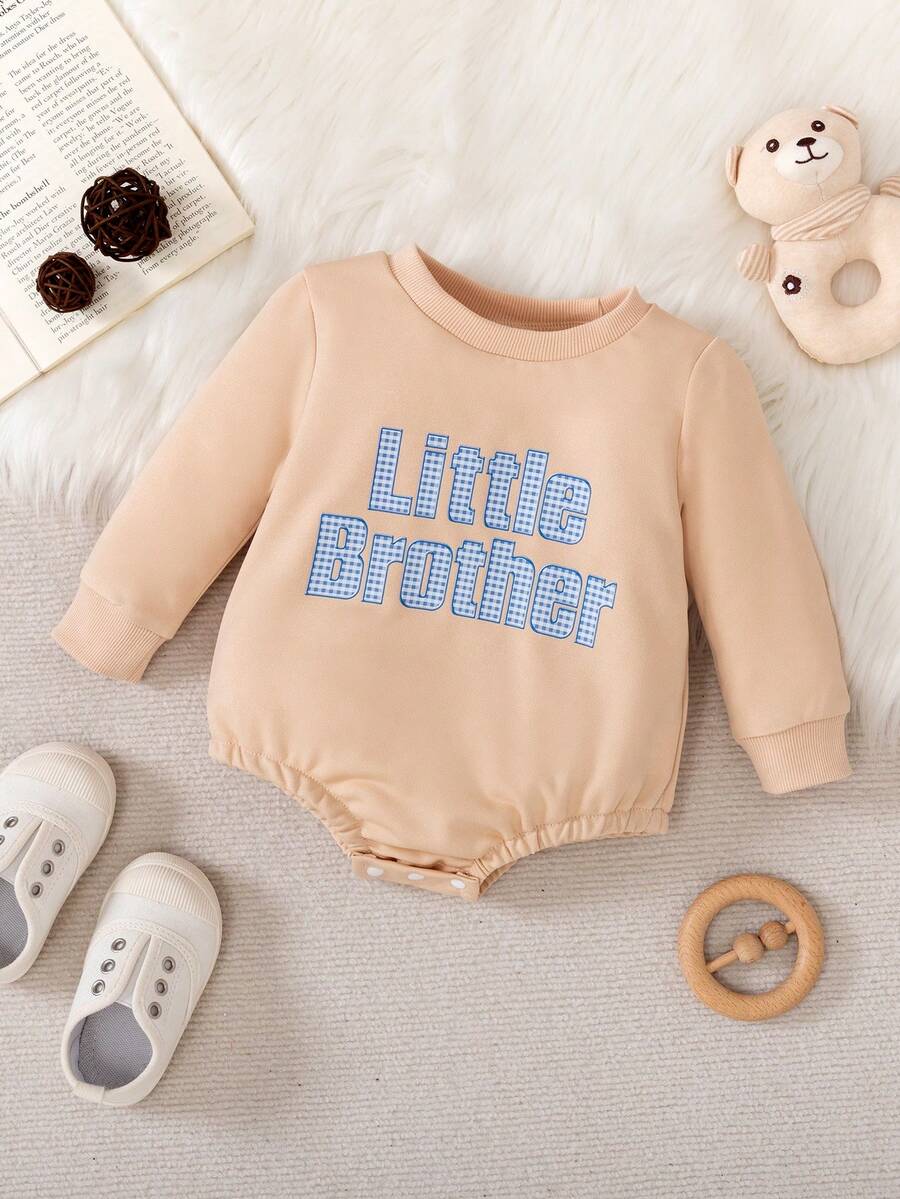 Infant Baby Boy Casual Sports Crew Neck Long Sleeve "Little Man" Plaid Applique Print Bodysuit, Autumn/Winter - Apricot - View 1