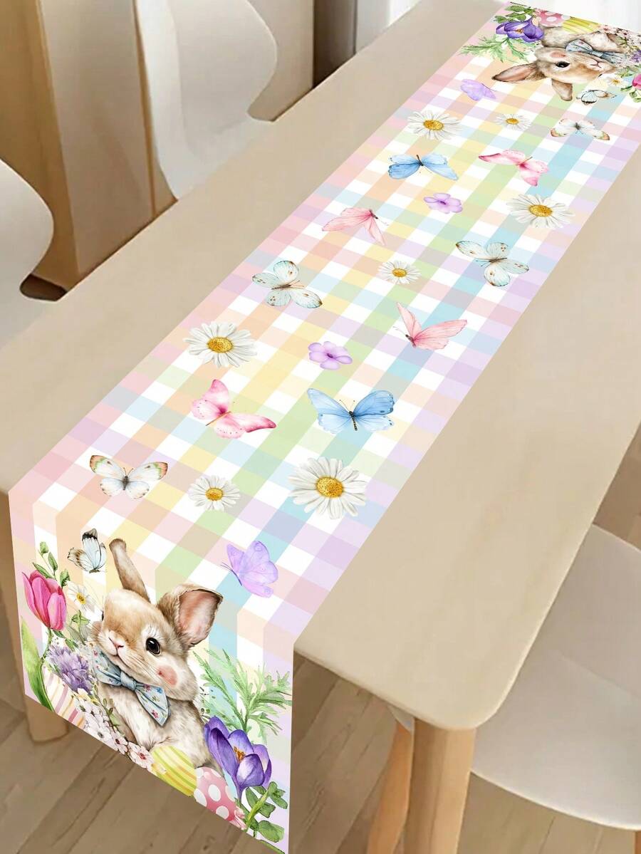1 pieza Camino de mesa de Pascua colorido, decorado con tulipanes y mariposas de Pascua, estampado a cuadros, 35*180cm de poliéster en estilo granja, decoración del hogar de Pascua 2026, decoración de mesa de cocina y comedor, decoración festiva de primavera