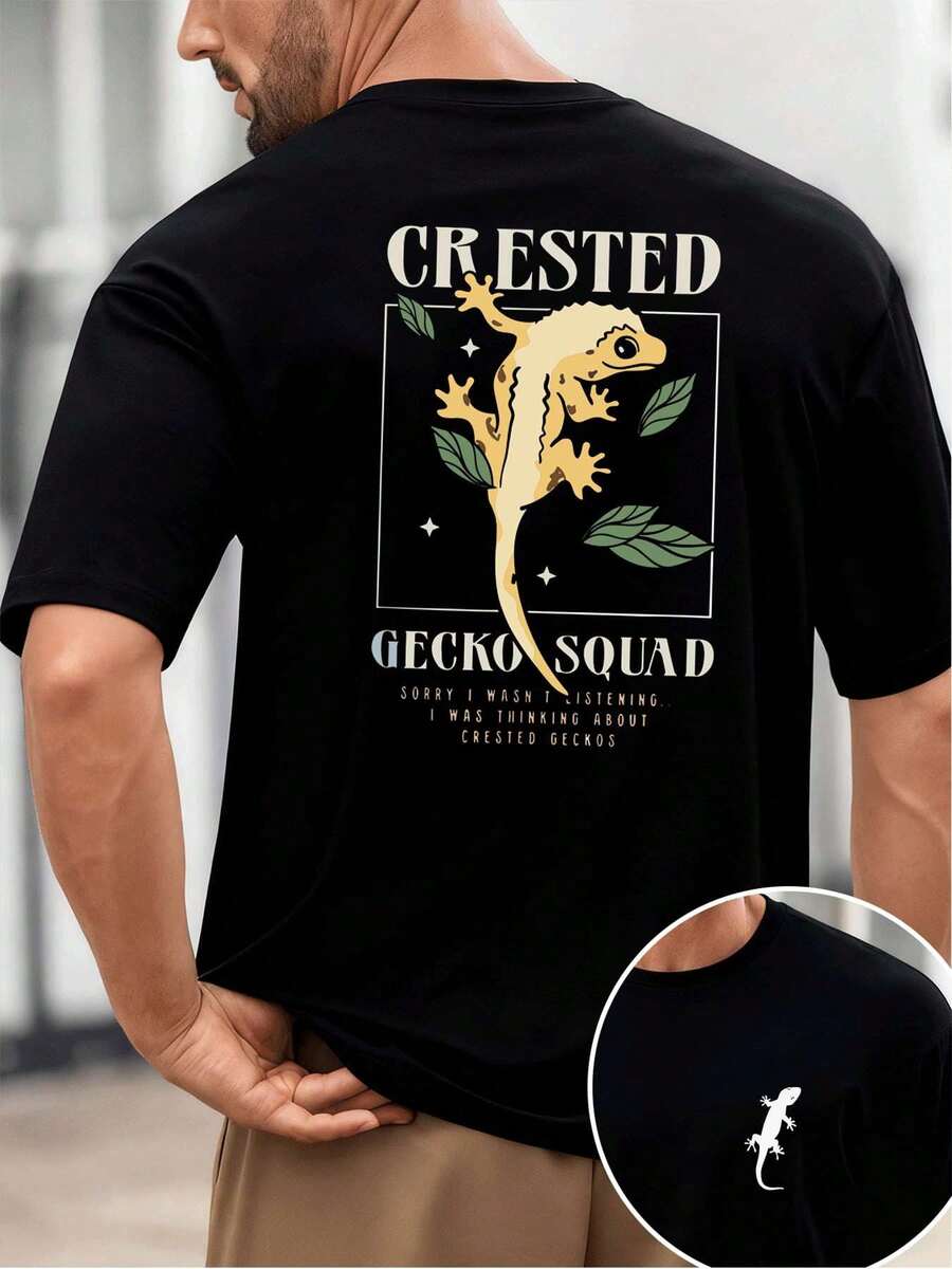 Camiseta gráfica Crested Gecko Squad confeccionada en algodón suave, estilo hip-hop callejero, cómoda, duradera, estampado llamativo, impresa en ambos lados. - Negro - Ver 1