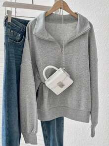 Women's Loose Split Zip-Up Hoodie, Fleece-Lined Casual Sport Sweatshirt With Half-Zip & Turn-Collar, Graduation/Teacher/Back To School Pullover For Spring/Autumn, Women Curve Essential, Christmas Long Sleeve Top & Valentine/New Years Outfit, Holiday Gift, No Effort,  Everyday Active Heather Grey Top. - 灰色 - 查看 3