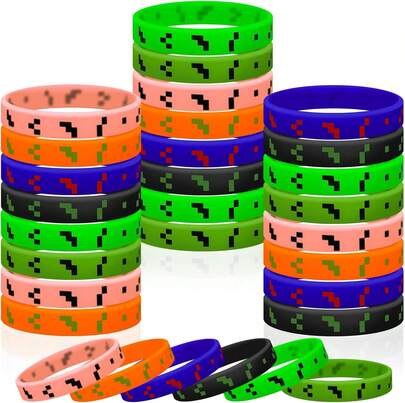 Rfinefay 24 Pack Pixel Theme Silicone Bracele,6 Color Comfortable Wristbands Miner Theme Party Favors For Mining Theme Clroom Exchange Gif,Kids Birthday Party Drations Supplies