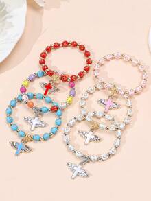 1pc Creative Fashion Acrylic Bead Wing Cross Bracelet, Oil Drop Angel Cross Beaded Elastic Bracelet - Cross - View 2