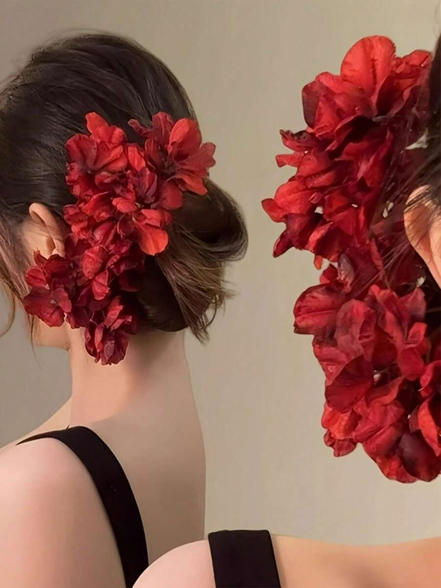 1个中式发簪 - 酒红色芙蓉花发夹，饰以红色花朵和绿色叶子，适合婚礼和日常发型，可用于发髻、辫子、马尾辫 - 传统发饰，适合亚洲发型，复古红色花朵发夹，可搭配汉服、旗袍和新娘花饰。发饰，女士发饰，伴娘礼物