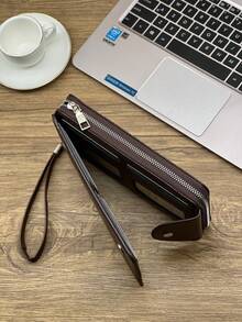 HOVI'S 男士长款拉链手拿包 - 磁扣设计，便携腕带，大容量口袋，可装手机和卡片 - 棕色 - 查看 5