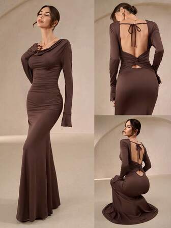 Vestido largo elegante de mujer para otoño-invierno - Cuello halter, espalda descubierta, detalles retorcidos y plisados, mangas acampanadas, bajo de cola de pez, ligero y cómodo, adecuado para reuniones y fiestas