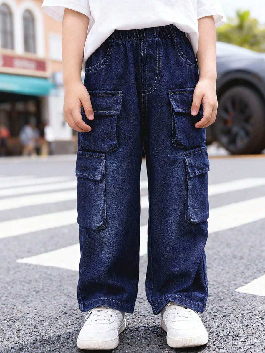 1 pièce Pantalon cargo simple et confortable pour garçons, style de rue décontracté, jeans en denim lavé, nouvelle arrivée pour l'automne/hiver - Jean brut - Voir 1