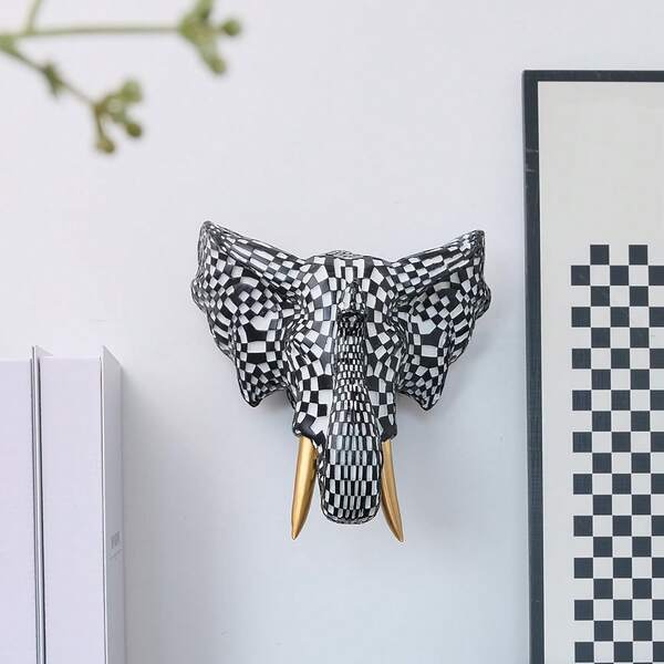 Escultura de parede criativa em resina com padrão de mosaico de cabeça de elefante, estátua de cabeça de antílope listrada em preto e branco, decoração de parede moderna e minimalista com cabeça de rinoceronte, decoração para sala de estar/escritório, presente exclusivo de aniversário/feriado.