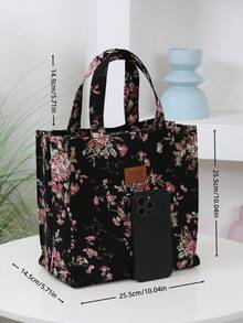New Arrival, Thickened Floral Print Fabric Tote Bag, Large Capacity Portable Lunch Box Storage Bag, Suitable For Work Commute, Carrying Lunch, Outdoor Shopping, Lunch Box Storage, Daily Use, Cloth Bag, Lunch Bag, Hand-Held Bag. Back To School Season, Retro Cooler Bag Waterproof For Women For Men For Picnic For School - Black - View 4