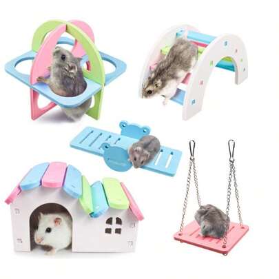 5pcs/Set Pet Hamster Toys, Wooden Rainbow Bridge, Seesaw, Swing, Activity & Climbing Toys, DIY Hamster Cage Accessories, Random Color, Christmas Hamster Hanging Bed Toys