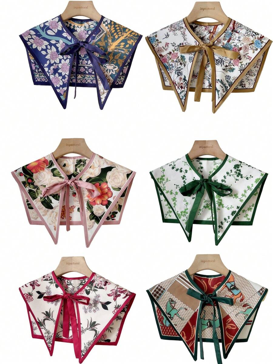 1件女士花卉印花系带装饰可拆卸领子，优雅温柔的日常穿着风格 - 彩色 - 查看 1