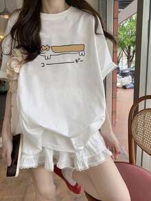 Japanese Style Women Loose Casual Round Neck Versatile Cartoon Dachshund Print Short Sleeve T-Shirt, Spring/Summer - White - View 1