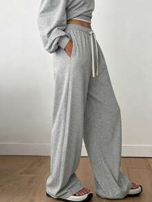 Women's Loose Fit Drawstring Waist Casual Wide Leg Pants, Everyday Wear - Light Grey - View 6