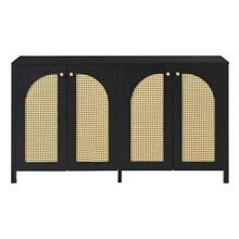 Aparador moderno de estilo minimalista, 4 puertas de ratán, tirador de metal, mueble buffet sencillo para comedor, salón, cocina (blanco) - Negro - Ver 7