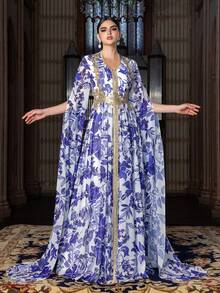 Đầm dạ hội bằng vải chiffon tuyệt đẹp dành cho nữ, tay áo xẻ tà dài, họa tiết hoa lá và các điểm nhấn trang trí, chân váy xòe dài đến sàn – Lý tưởng cho đám cưới, tiệc gala, dạ hội và các sự kiện thảm đỏ. - Màu xanh lam - Xem 4