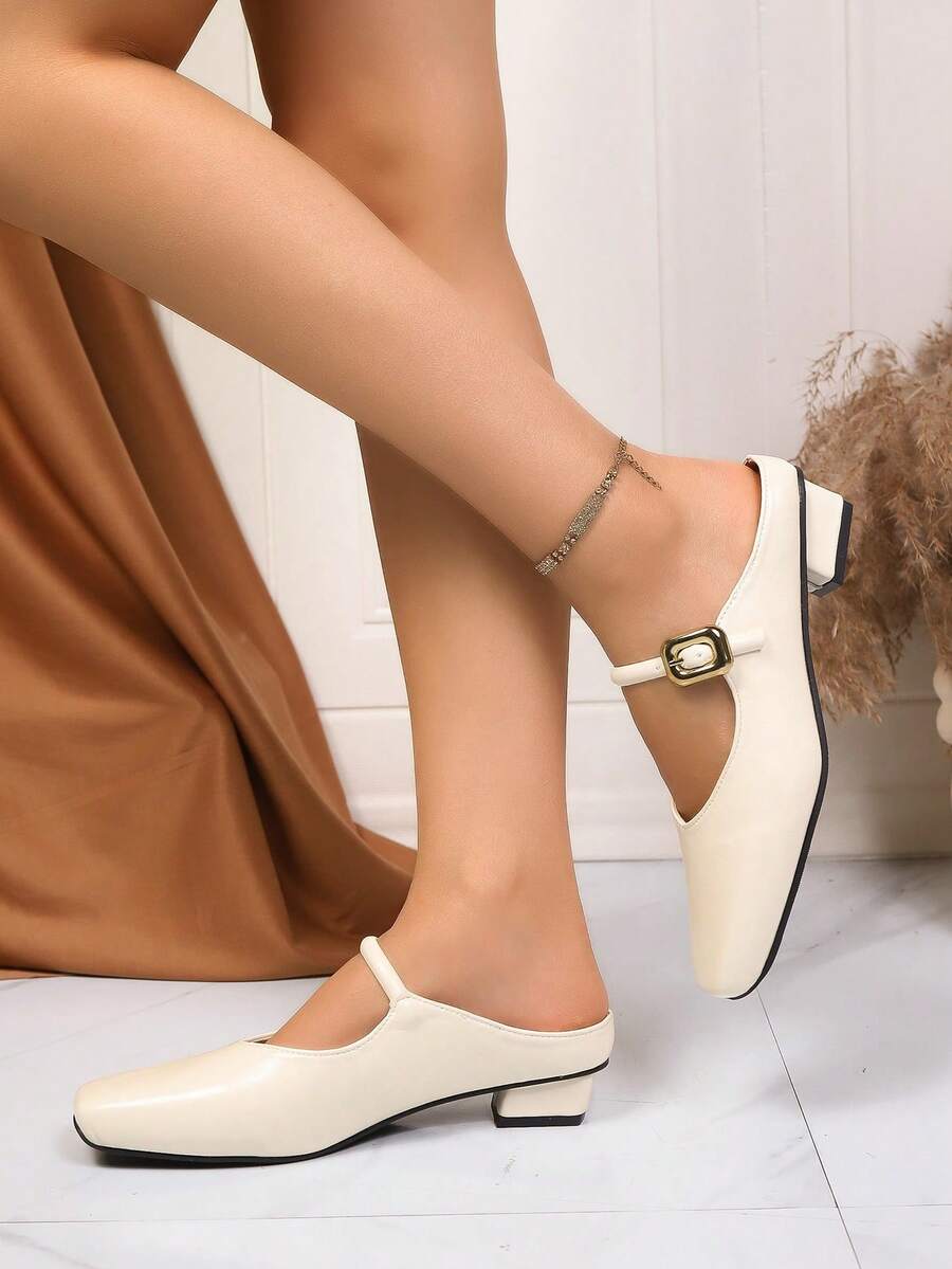 Classic Retro Solid Color Buckle PU Leather Slip-On Shoes, Suitable For Beach, Wedding, Party, Office, Indoor & Outdoor, Spring/Summer - Beige - View 1