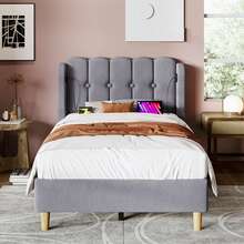 Upholstered Single Bed With USB Type-C Charging Function, Bed Frame With Slatted Base, Upholstered Bed In Grey, 90 X 200 Cm Bed Frame Youth Bed For Bedroom Guest Room - Linen Material (With Mattress) - Grey - View 1