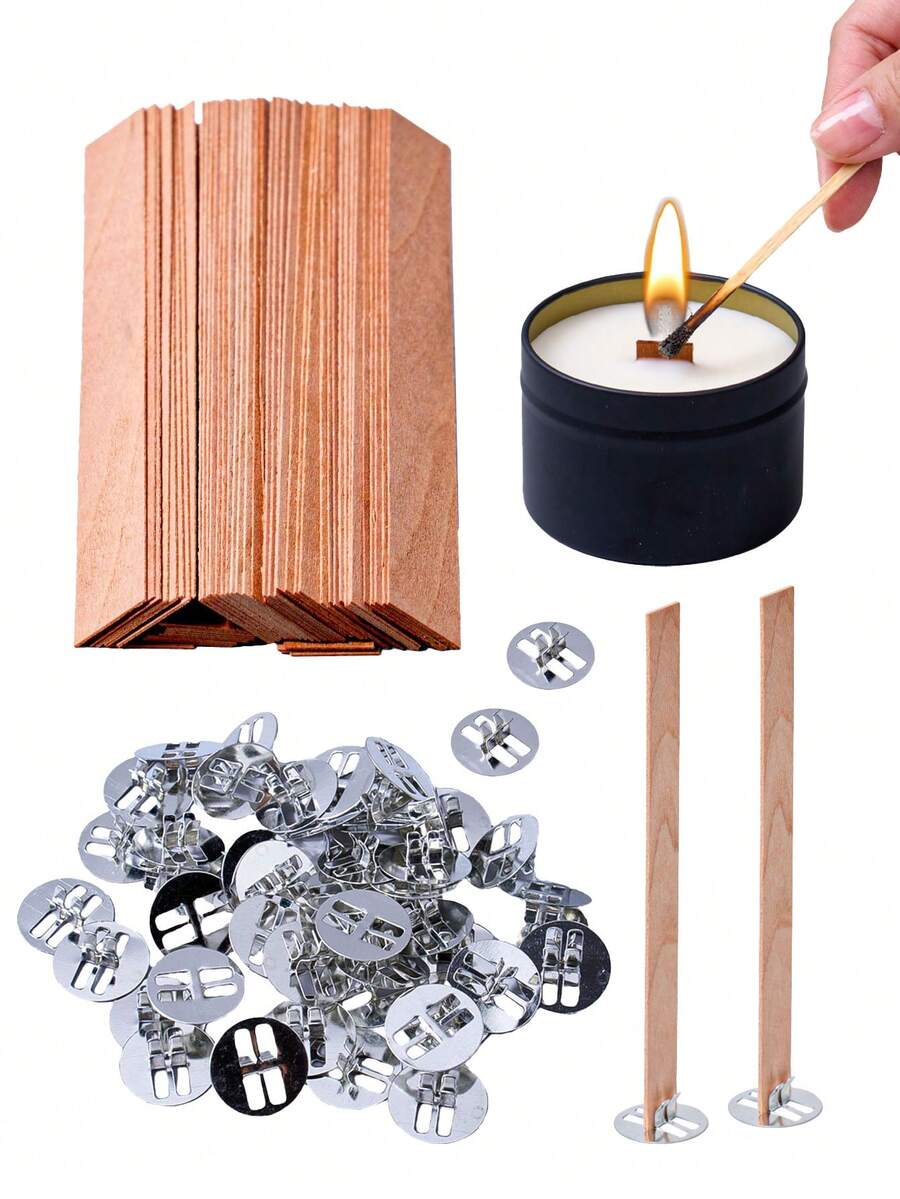 10/30/50pcs Set Thick Wooden Candle Wicks With Metal Holders, Smokeless, Suitable For Soy Wax And DIY Candle Projects - Multicolor - View 1